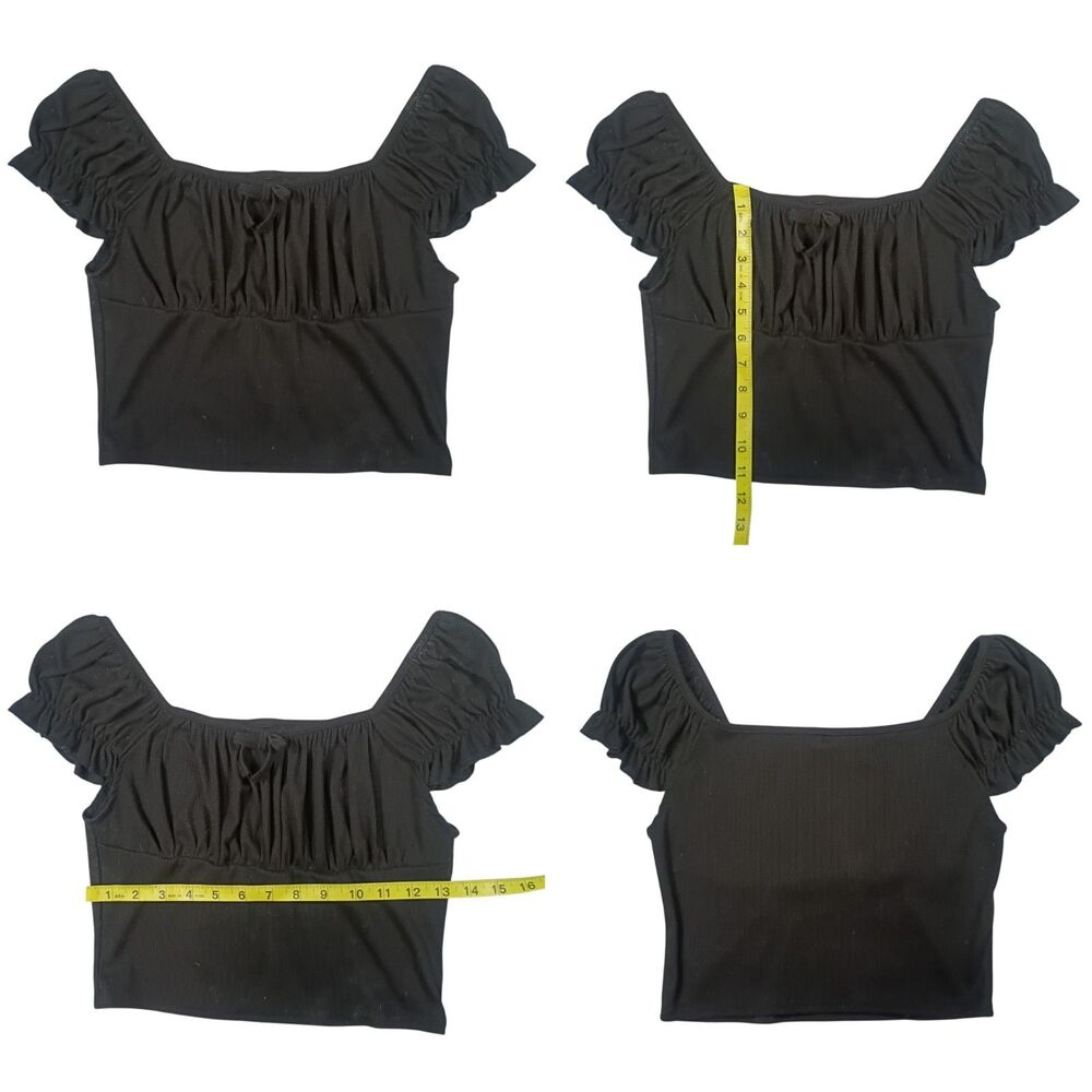 Black Crop Top Womens XS 13" Bust Puff Sleeve Ruched Milkmaid BOHO Cottagecore